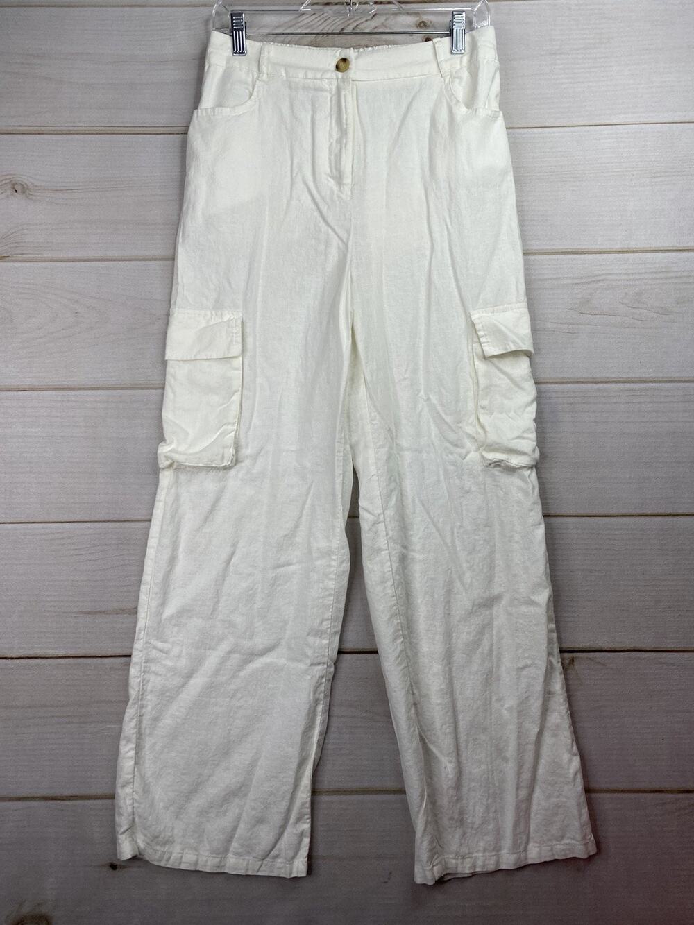 Happily Grey Linen Pants Womens L White Cargo Pockets Beach Flowy Elastic Waist